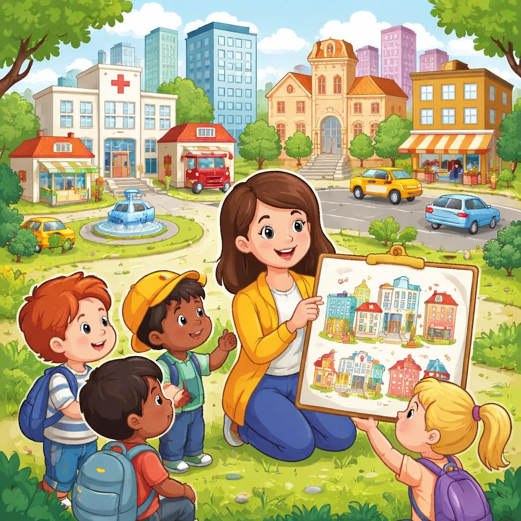 Downtown Buildings Explained by a Teacher Through City Life, Everyday Vocabulary, and Friendly Urban Learning for Children