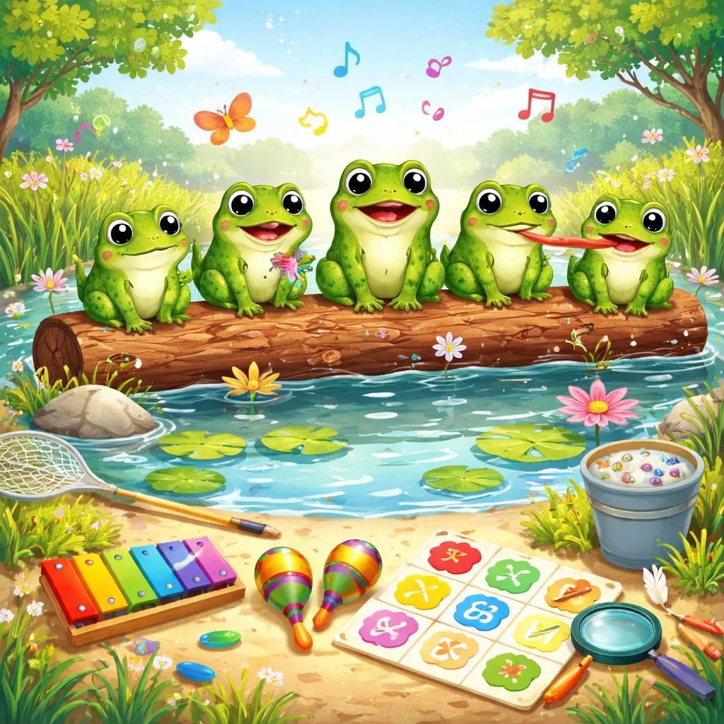 Ищете песню "Пять зеленых лягушат"? Найдите текст, занятия и веселье для обучения