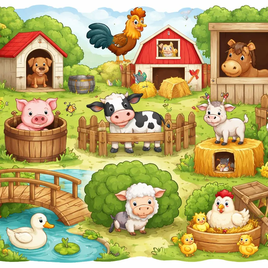 位置介詞閃卡 – 農場動物給孩子們 – 免費可列印PDF