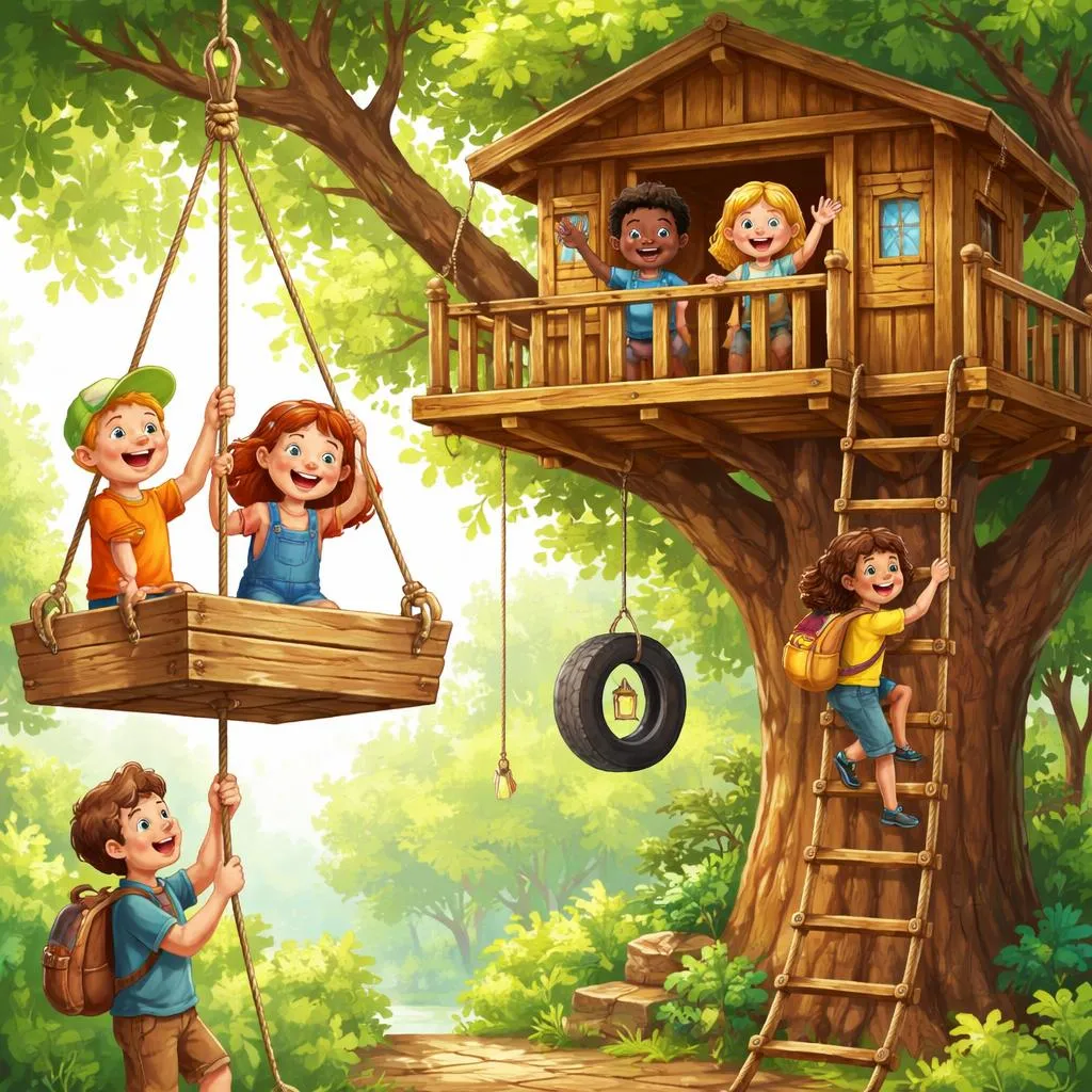 As Crianças Devem Preferir Subir a Em Vez de Escaladar Durante Aventuras Emocionantes na Casa da Árvore Com Amigos?