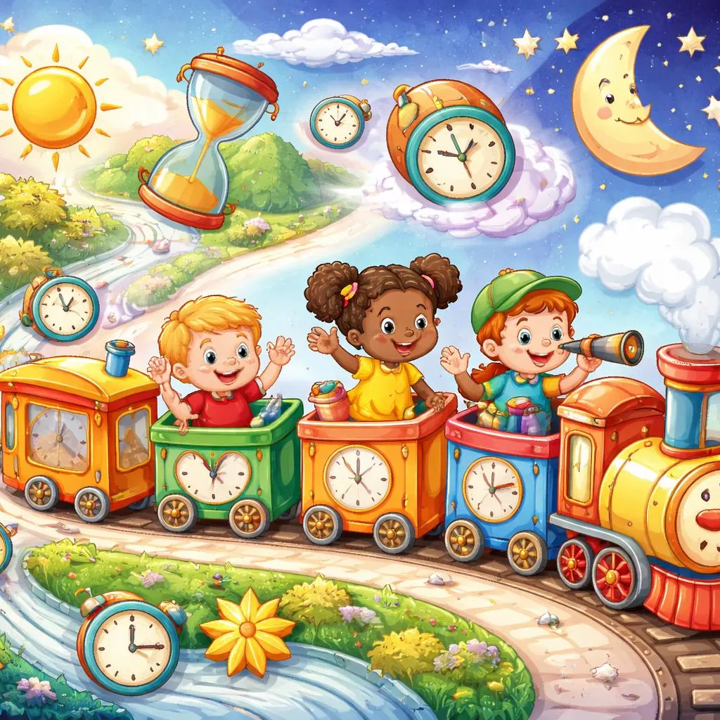 Was sind die 60 wichtigsten Zeitformen für einen 5-jährigen Kindergarten? Fahrt mit dem Zeit-Zug!