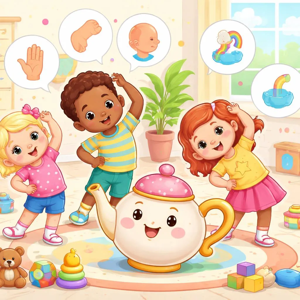 Welche Wörter sind richtig für 'Ich bin ein kleiner Teekessel' und wie können sie Körperteile und Handlungen lehren?