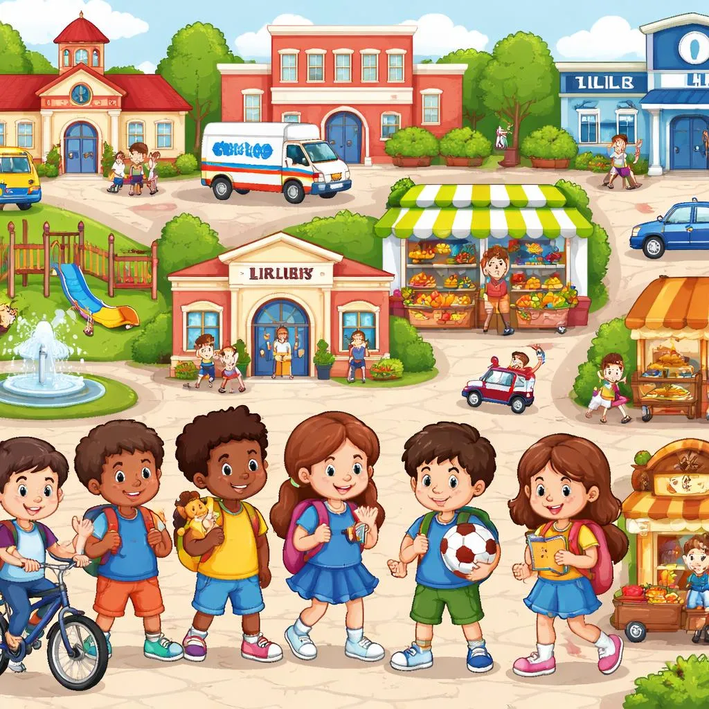 Quels sont les "lieux en ville" essentiels que les enfants doivent connaître pour l'anglais de tous les jours ?