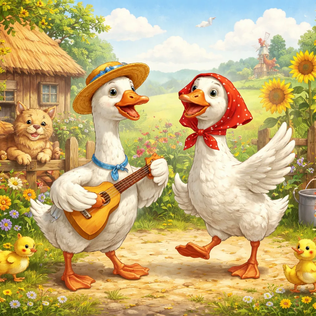 ما هي القصة المضحكة التي يرويها الإوز المرح (Два весёлых гуся) في الأغنية الروسية؟