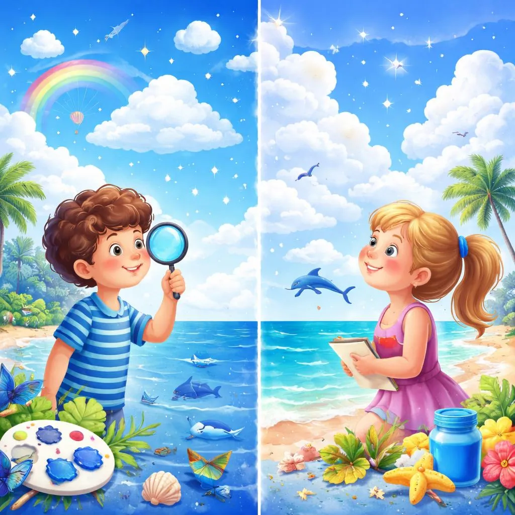 Qual é a diferença comum e poética entre azul e celeste para crianças?