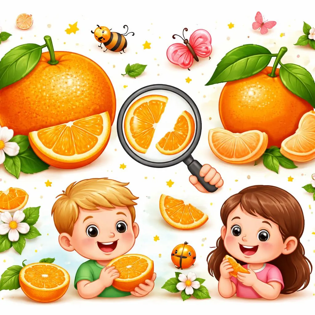 Qual é a diferença suculenta e doce entre uma laranja e uma tangerina para as crianças aprenderem?
