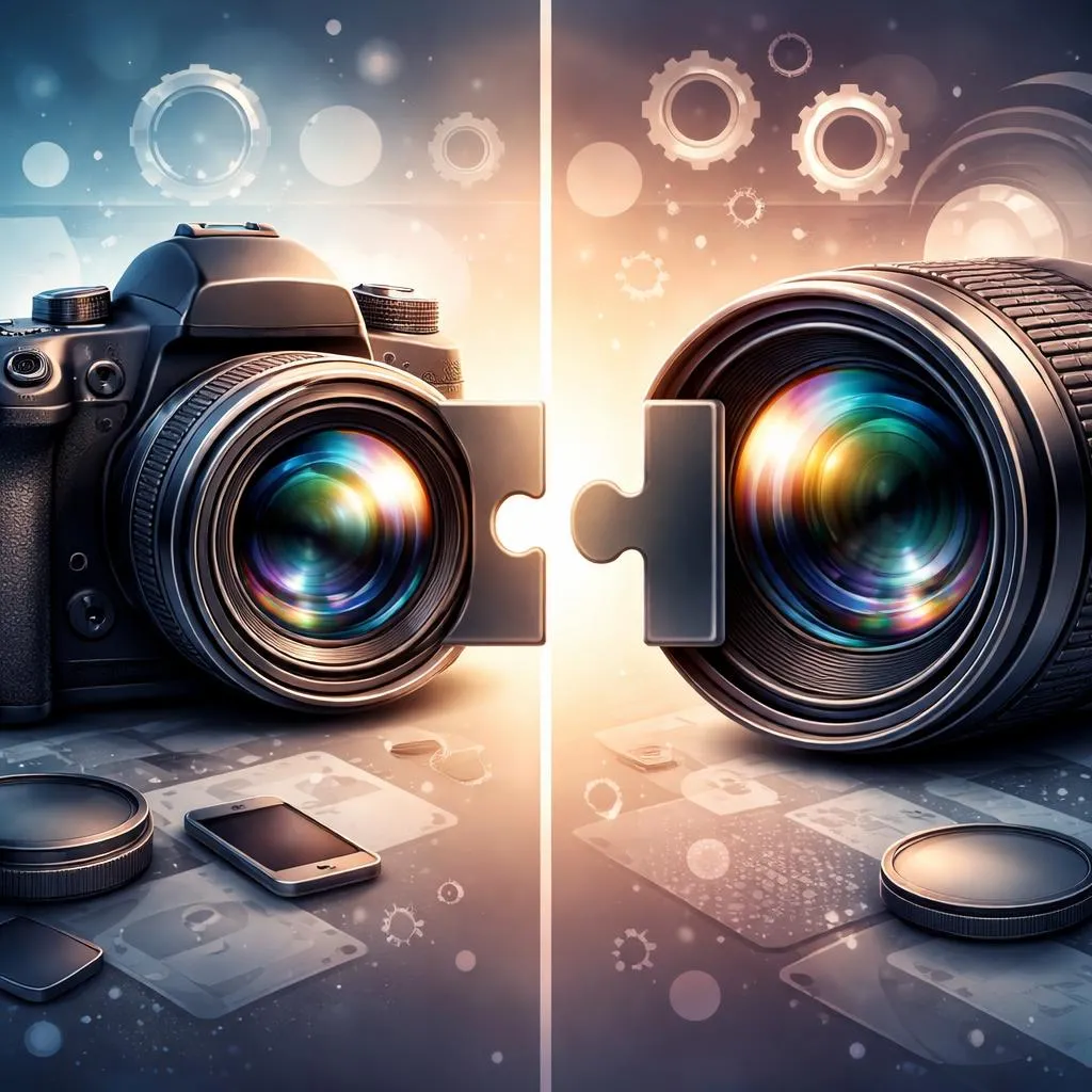 Was ist der Unterschied zwischen der Fotografie-Vorrichtung und ihrem Glasauge: Kamera und Objektiv?