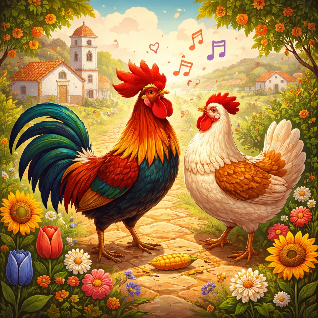 Welche Geschichte teilen sich der Hahn und die Henne in dem portugiesischen Lied 'O Galo e a Galinha'?