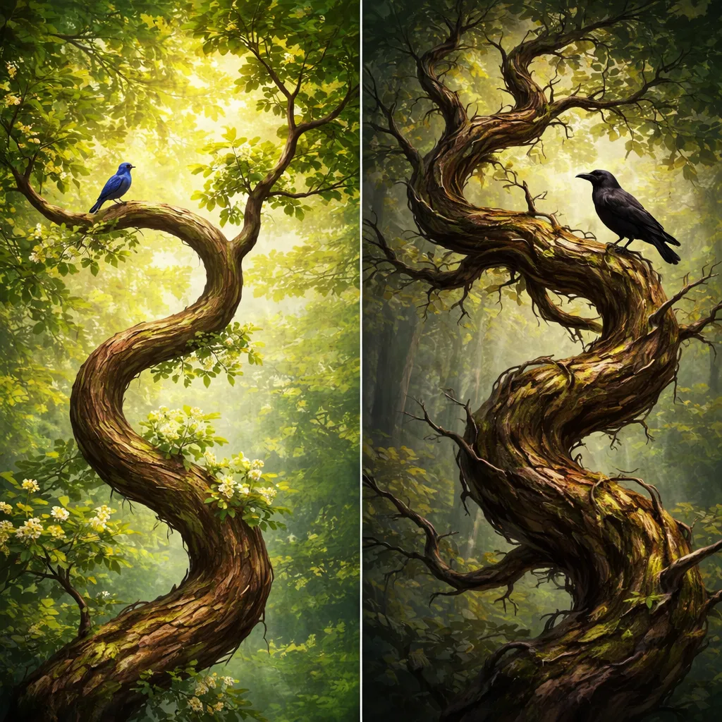 ¿Cuándo una rama de árbol se vuelve “torcida y retorcida” en lugar de simplemente sinuosa o curvada?